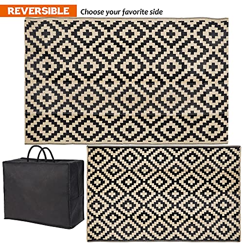 SAND MINE Waterproof Outdoor Rug 5x8 ft, Plastic Reversible Rug, Modern Area Rug, Large Floor Mat for Outdoors, RV, Patio, Backyard, Deck, Picnic, Beach, Camping, Black & Beige
