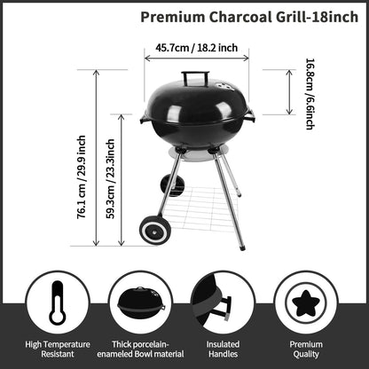 paxlloonge 18 Inch Charcoal Grill, BBQ Kettle Grill with Enamel Lid & Ash Catcher, Portable Charcoal Grill for Outdoor Grill Camping and Small Patio Backyard, Includes Wheels for Easy Mobility