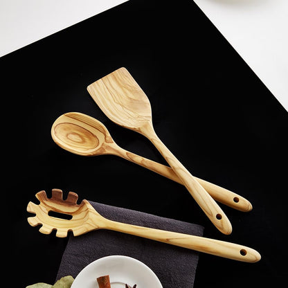 Olive Wood Cooking Utensils, 12 Inch Long Handle Wood Spoons, 3 PCES Crafting Wooden Spoon Set - Includes Turner, Spoon, Pasta Server, Essential Wooden Utensil Set