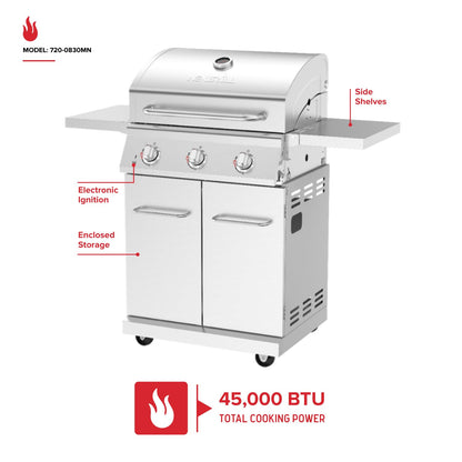 Nexgrill Stainless Steel 3-Burner Propane Gas Grill w/Foldable Side Shelves, 40,500BTUS, 591.05 sq. in. Cooking Area, Perfect for Outdoor Cooking & Grilling, BBQs, Backyard, Tailgating, 720-0830MN