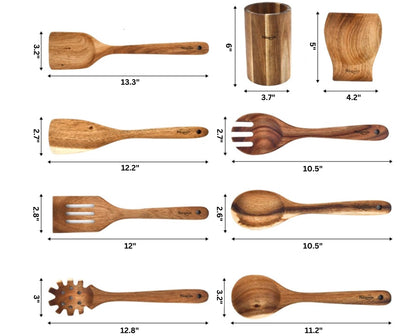NAZANIN 9-Piece Natural Acacia Wood Kitchen Utensil Set with Holder & Spoon Rest, Wooden Spoon Set for Nonstick Pans & Cookware, Durable, Lightweight, Heat Resistant, & Non-Scratch Cooking Spoons