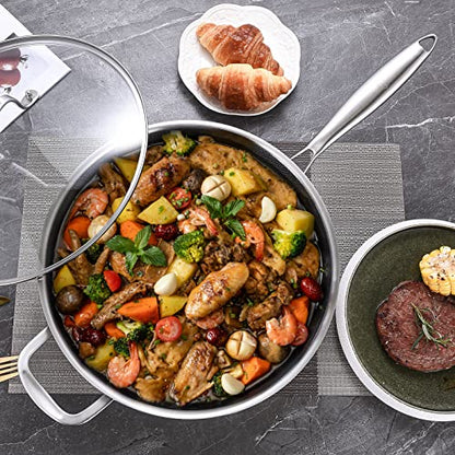 LOLYKITCH 6 QT Large Skillet with Lid, 12 Inch Nonstick Deep Frying Pan, Tri-Ply Stainless Steel Hybrid Saute Pan for Family Meals, Induction Oven Compatible Ceramic Coated, Detachable Handle