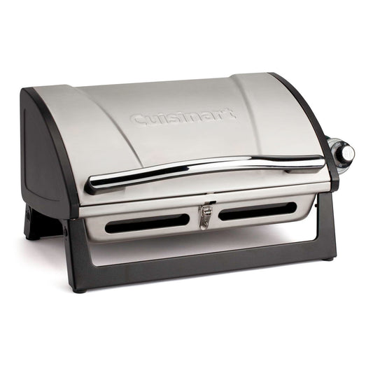 Cuisinart Grillster Portable Gas Grill, Stainless Steel Compact BBQ Grill with Locking Lid for Easy Transport, 8000 BTU Propane Grill with Dishwasher Safe Cooking Grate, Small Grill for Camping & BBQ