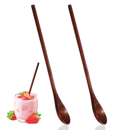 2 PCS Long Handle Mixing Wooden Spoon, Wooden Spoons for Eating 7.8 Inch Honey Spoons Matcha Spoon for Stirring Brown Cocktail Stirrer Swizzle Mixing Teaspoon for Home Kitchen Bar Restaurant