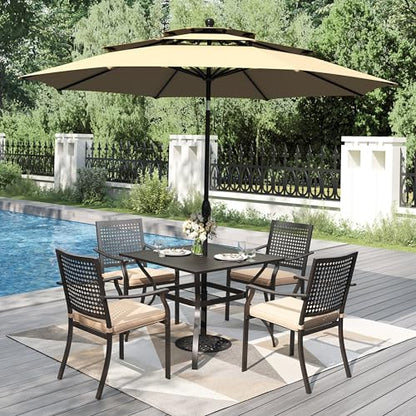 PHI VILLA 5 Pieces Outdoor Dining Set for 4 with 10ft Umbrella, 37" Metal Square Table & Stackable Wrought Iron Chair with Cushions & Beige Umbrella, Modern Furniture Set for Patio, Deck, Yard, Porch