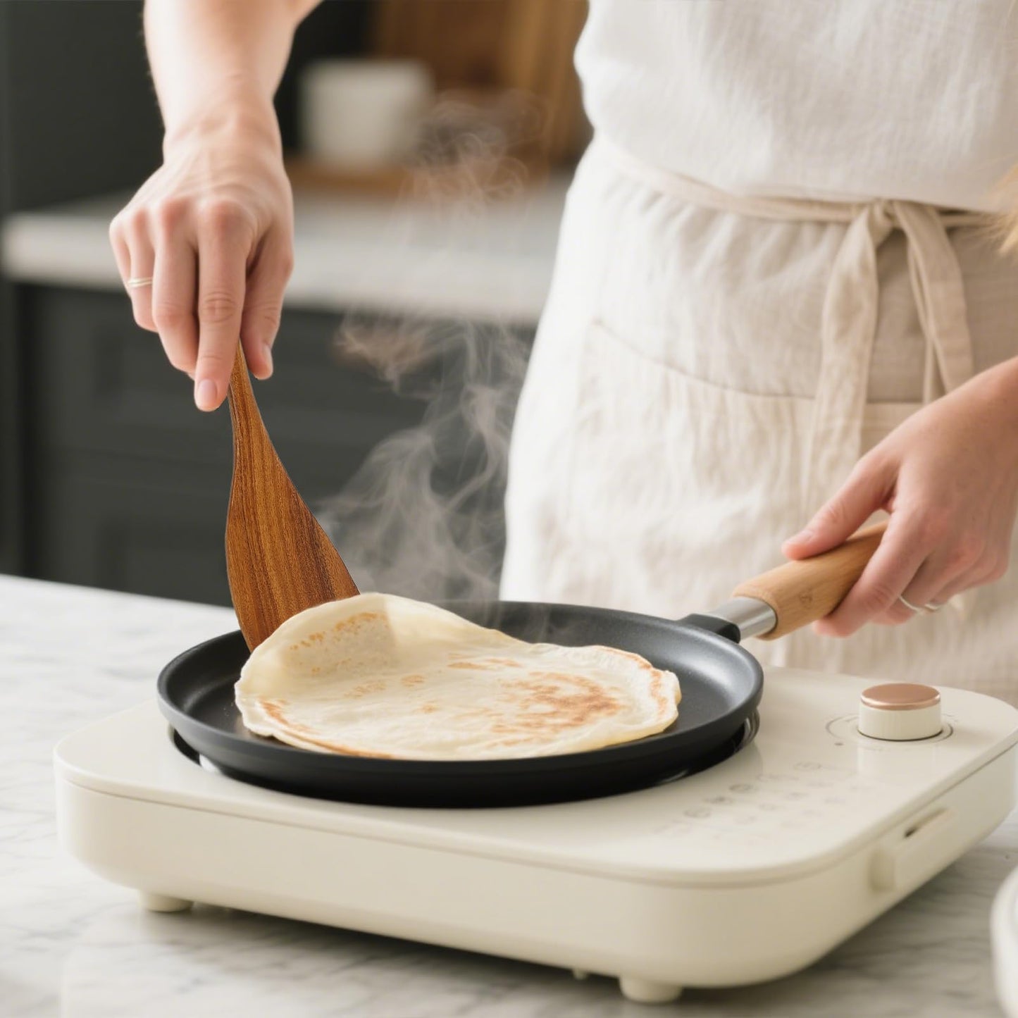 EOHASA 3Pcs Wood Spatulas for Cooking, Natural Teak Wooden Utensil Set - Flat Spatula Turner, Wood Spatula for Right Hand, Wooden Scraper Flipper, Non Toxic Heat Resistant kitchen essentials for Home