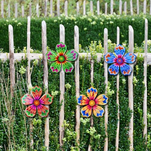 Giyyomtr Metal Flowers Wall Decor - 4pcs 6.2'' Metal Wall Art Hanging Decorations for Outdoor Fence Garden Yard Patio Exterior Wall Decor