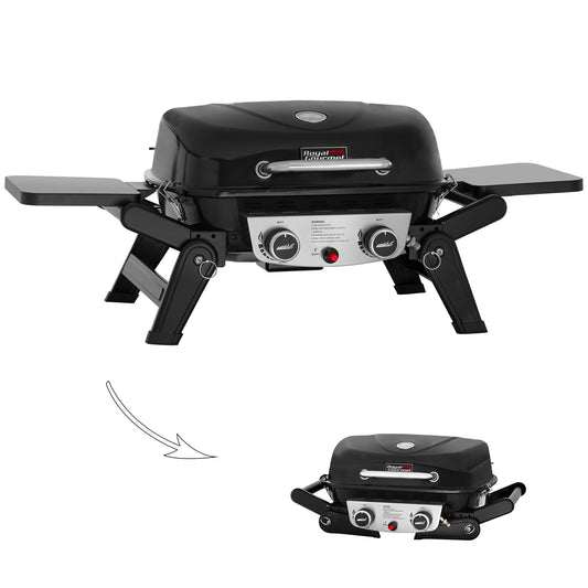 Royal Gourmet GT2005 2 Burner Portable Propane Gas Grill with Foldable Side Tables & Foldable Support Legs, Tabletop Gas Grill with Warming Rack for Outdoor Cooking & Grilling, Black