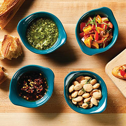 Rachael Ray Solid Glaze Ceramics Round Ramekins/Dipping Cup Set, 4 Piece, Teal