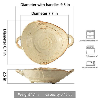 Amitofo Free-Form Edge Ceramic Bowl with Handles, Retro Distressed Style Glazed for Fruit Bowl,Salad Bowl,Table Centerpiece Decor