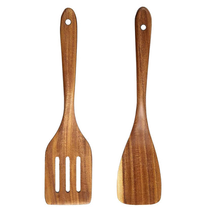 2 Pcs Wooden Spatula Set - Acacia Wood Non-Stick Kitchen Utensils with Long Handle - Solid & Slotted Spatulas for Cooking, Baking - Smooth Finish, Handmade Wooden Spoons