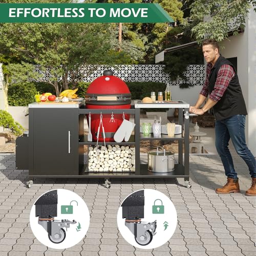 JFHID Outdoor Grill Table for Big Green Egg, Stainless Steel Grill Cart with Cabinet & Shelves, Heavy Duty 920LBS Outdoor Kitchen Island, Compatible with Large Big Green Egg, Kamado Joe Classic