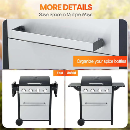 4-Burner Propane Gas Grill with 2 Foldable Side Tables, 34,200 BTU Outdoor BBQ Grill with Porcelain-Enameled Flame Tamers, Built-in Thermometer, Easy Assembly for Patio, Backyard BBQ