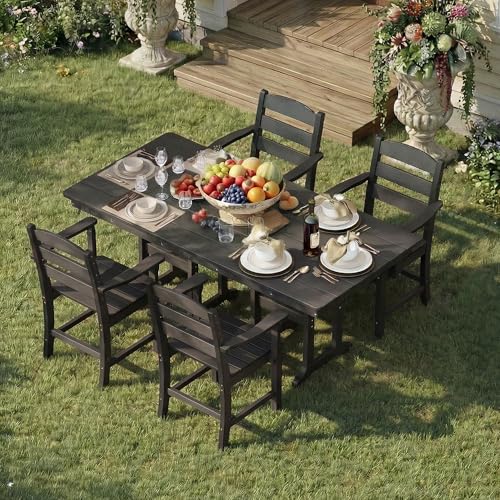 HOPUBUY 5 Pieces Patio Dining Set for 4, 71" HDPE All-Weather Patio Table and Chairs Set with Umbrella Hole, Durable Outdoor Furniture Set for Garden, Backyard, Lawn & Poolside (Black)