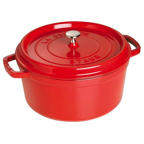 Staub Cast Iron Round Cocotte, Dutch Oven, 7-quart, serves 7-8, Made in France, Cherry