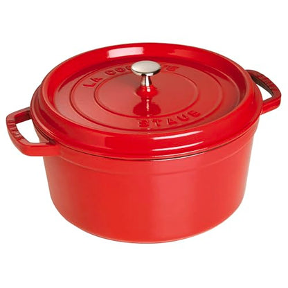 Staub Cast Iron Round Cocotte, Dutch Oven, 7-quart, serves 7-8, Made in France, Cherry