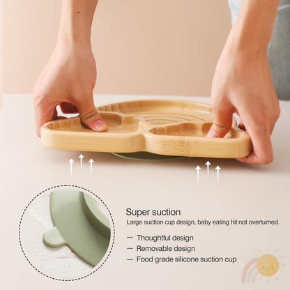 Bamboo Suction Plates Bowls Set for Baby Toddler Divided Platter Food bowl with Silicone Fork & Spoon All-Natural Baby Feeding Set for Baby-Led Weaning, Non-Slip Design