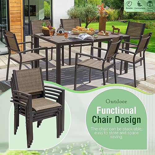 Greesum 7 Piece Outdoor Dining Set Patio Furniture with Rectangular Table & 6 Stackable Chairs Family Conversation for Garden Backyard Deck, Brown