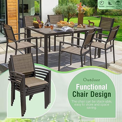 Greesum 7 Piece Outdoor Dining Set Patio Furniture with Rectangular Table & 6 Stackable Chairs Family Conversation for Garden Backyard Deck, Brown