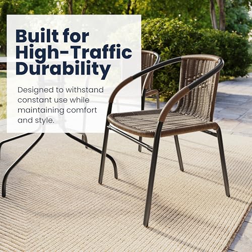 Flash Furniture Lila 3-Piece 28" Square Indoor/Outdoor Patio Table and Chairs Set, Glass Metal Bistro Table and 2 Stacking Rattan Chairs, Brown