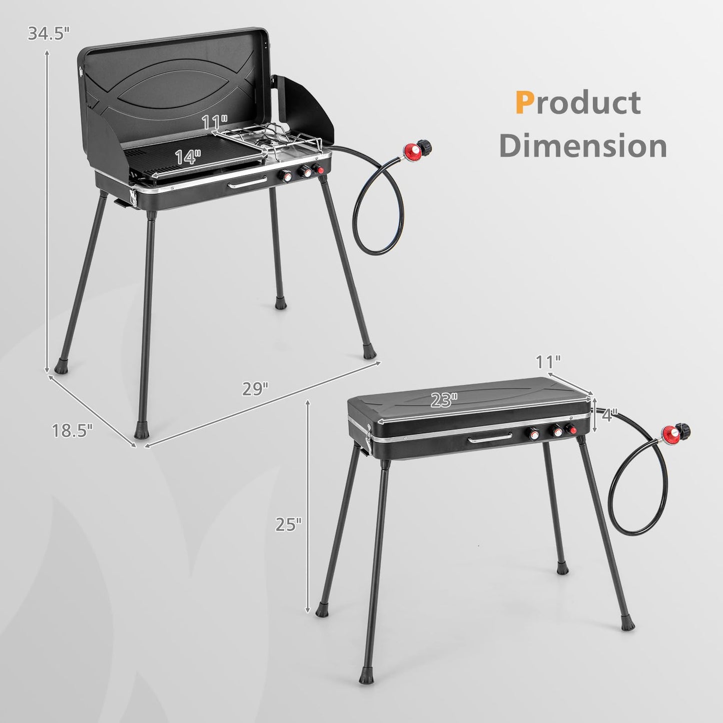 Giantex Portable Propane Grill & Camping Stove, 20,000 BTU Gas Camping Grill Burner, Independent Temperature Control, 3-Sided Wind Guard, Detachable Legs, for BBQ, Tailgating, Outdoor Cooking (Black)