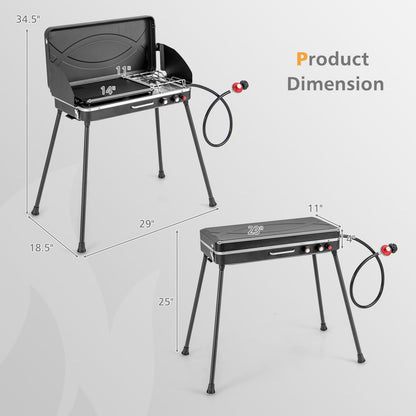 Giantex 2-in-1 Gas Camping Grill and Stove, Portable Propane Grill Burner with Dual Control Knobs, Detachable Legs, 3-Sided Wind Screen, Gas Hose with Regulator, 20,000 Total BTUs (Black)