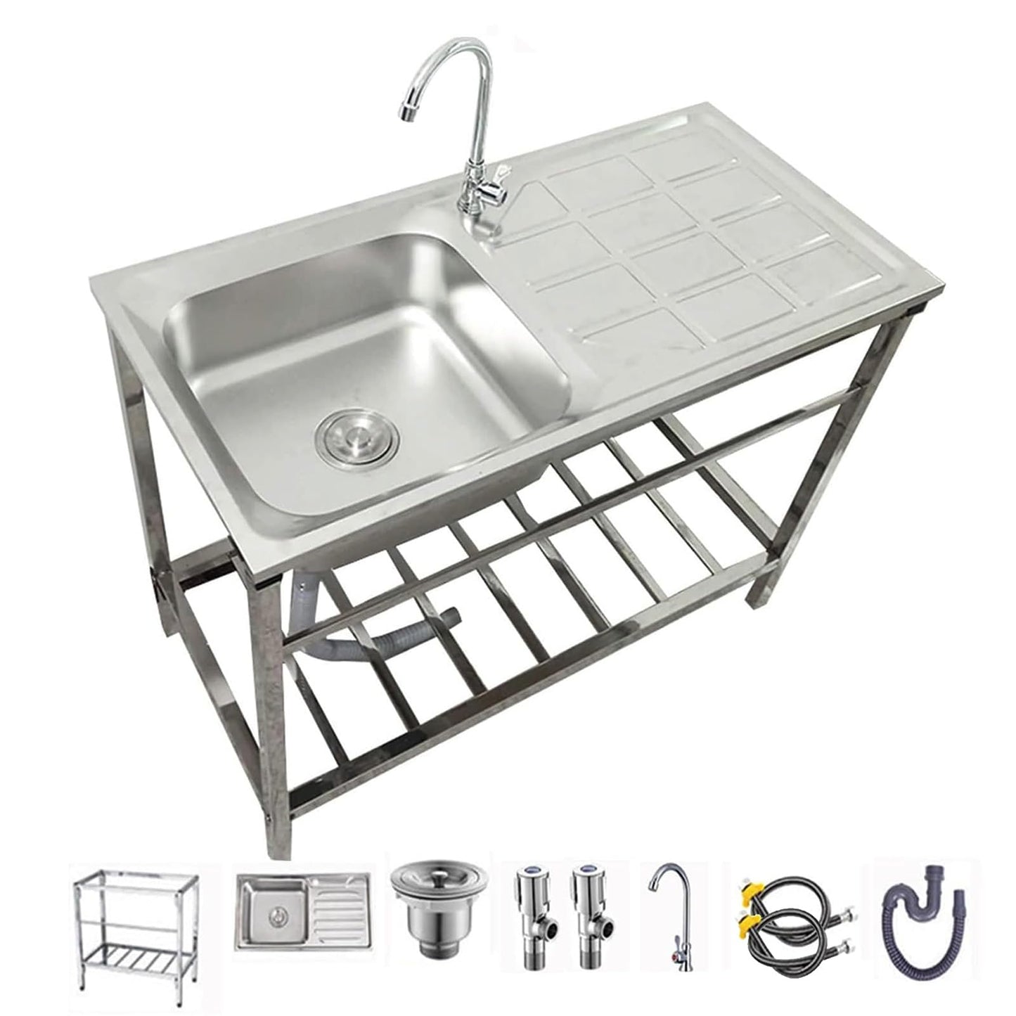 Free Standing Utility Sink Stainless Steel Outdoor Laundry Tub, Single Bowl Washing Hand Basin Station Sink, with Storage Shelves for Camping,Garage,Restaurant,Kitchen,Bar,Garage,Backyard Handwashing