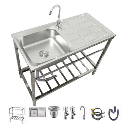Free Standing Utility Sink Stainless Steel Outdoor Laundry Tub, Single Bowl Washing Hand Basin Station Sink, with Storage Shelves for Camping,Garage,Restaurant,Kitchen,Bar,Garage,Backyard Handwashing