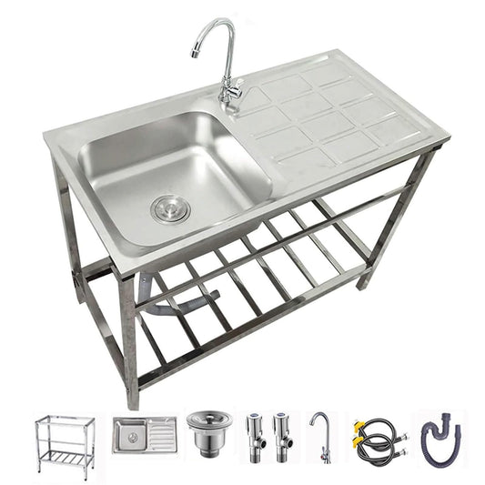 Free Standing Utility Sink Stainless Steel Outdoor Laundry Tub, Single Bowl Washing Hand Basin Station Sink, with Storage Shelves for Camping,Garage,Restaurant,Kitchen,Bar,Garage,Backyard Handwashing