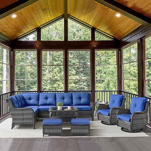 Belord 8 Piece Wicker Patio Furniture Set, Outdoor Swivel Rocker Chairs Set of 2 with Ottomans and Sectional Couch, All Weather Patio Conversation Furniture Set, for Pool,Yard Gray Wicker/Blue