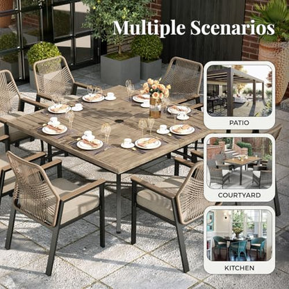 MIXPATIO 9 Pieces Outdoor Patio Dining Set, 57.5“ Metal Square Table with Umbrella Hole, 8 x Rope Rattan Swivel Chairs with 3.2" Cushion for Yard, Porch, Beige