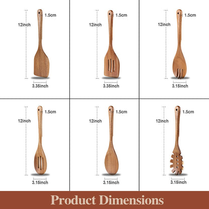 ROSOS Wooden Cooking Utensils, 6 Pieces Natural Acacia Wooden Spoons For Cooking with Non Stick & Heat Resistant Design, Wooden Kitchen Utensil Set with Hanging Hole for Stirring, Mixing, Cooking