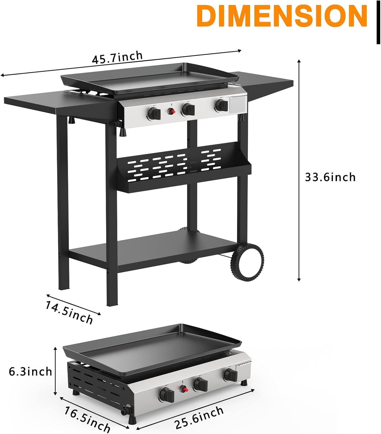 ADREAK 3 Burner BBQ Gas Griddle, 25.6 Inch Stainless Steel Portable Detachable Propane Griddle, 30,000 BTU Flat Top Barbecue Grill with Side Shelves for Camping