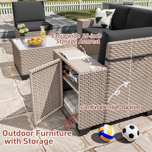 Aukreolis 13 Pieces Patio Furniture Set with Fire Pit Table, Outdoor Sectional Wicker Sofa with Thickened Cushions and Coffee Table, High Back Rattan Patio Conversation Sets, Black