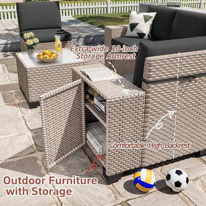 Aukreolis 13 Pieces Patio Furniture Set with Fire Pit Table, Outdoor Sectional Wicker Sofa with Thickened Cushions and Coffee Table, High Back Rattan Patio Conversation Sets, Black