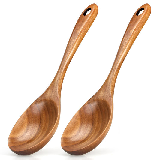 2 Pcs Large Wooden Spoons for Cooking Serving Mixing Kitchen Spoon Big Acacia Wood Utensils Set Teak Spatula Cooking Spoon Set Bamboo Baking Spoons Non Toxic Kitchen Tools Cooking Accessories
