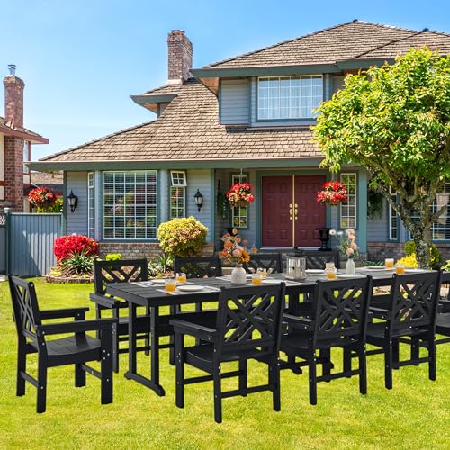 AZXZCS HDPE Dining Table Set for 10,12-Piece Outdoor Table and Chairs Include 10 Dining Chairs and 2 Pcs 62.5" Patio Dining Table with Umbrella Hole (Black)
