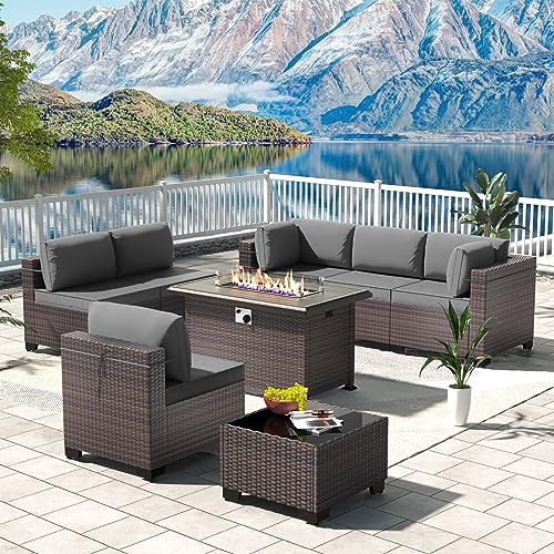 Kullavik 8 Piece Outdoor Wicker Patio Furniture Set with Fire Pit Table