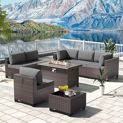 Kullavik 8 Piece Outdoor Wicker Patio Furniture Set with Fire Pit Table