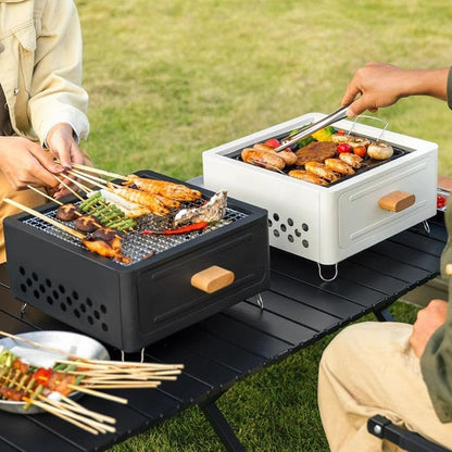 Portable Charcoal BBQ Grill Stove – Smokeless Outdoor Cooking for Camping & Tailgating, Yakitori Grill, Skewers, Easy Drawer Style, Pan and Grill Included