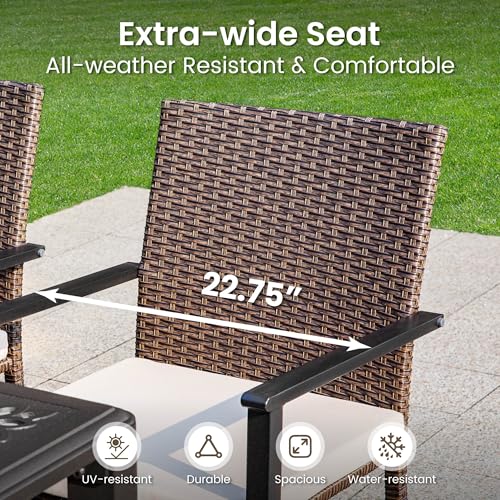 PHI VILLA 5 Pieces Outdoor Dining Set with Umbrella for 4, 37" Square Metal Dining Table & 4 Cushioned Wicker Rattan Chairs with 10ft Beige Umbrella for Patio, Deck, Yard, Porch