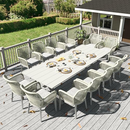 LayinSun Outdoor Dining Set for 12, 13 Pieces Patio Furniture Sets with Aluminum Dining Table and Rope Weave Chairs