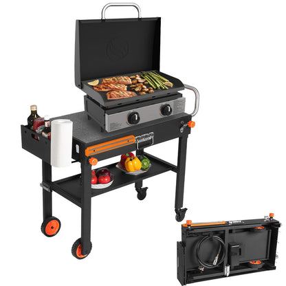 Grill Table Stand Cart for Blackstone Griddle - Universal Foldable Design Fits 17-22 Inch Grills and 12" Pizza Ovens, 20s Setup, 4 Wheels, Magnetic Strip etc (Camping, Backyard Cooking Accessories)