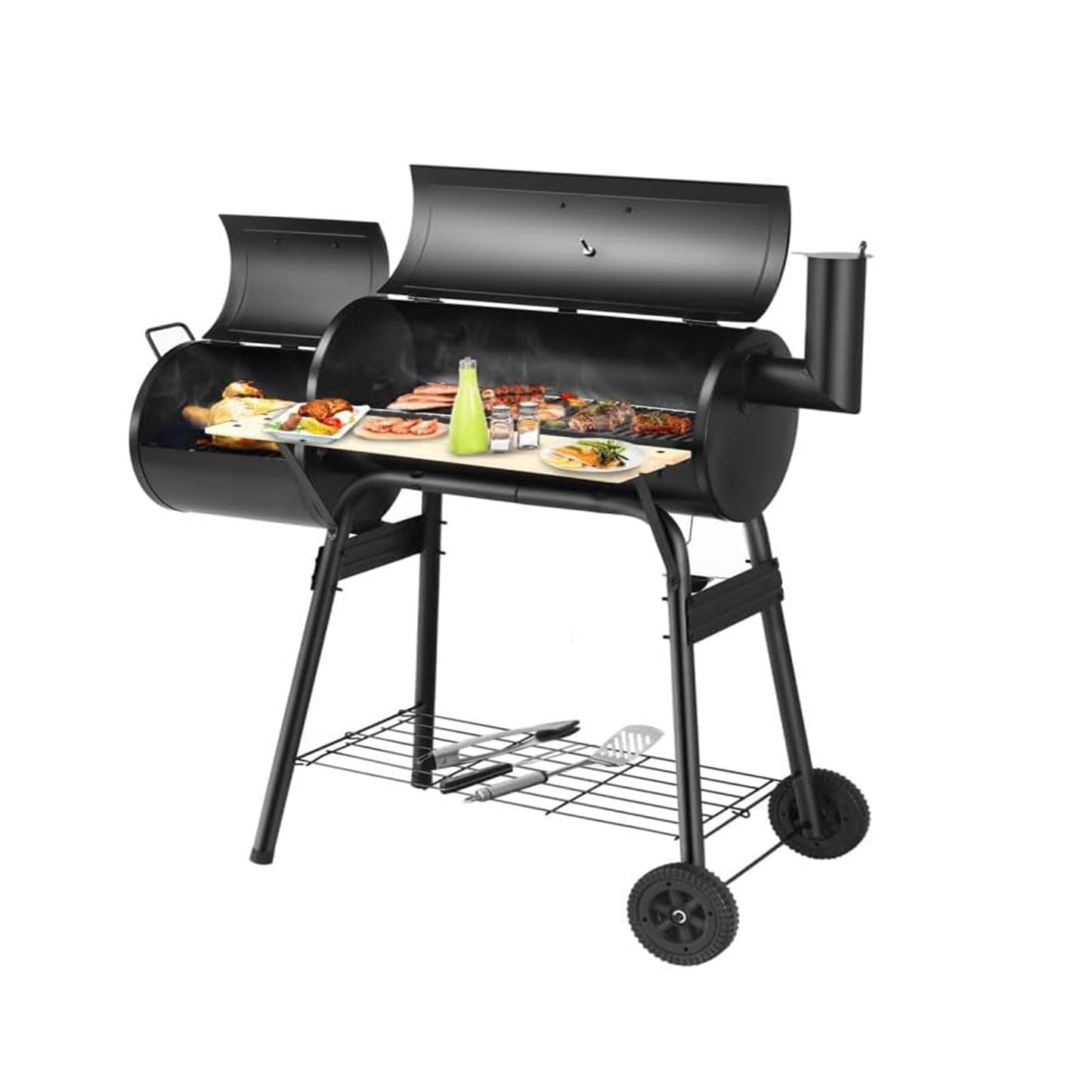 RENJJPBO Barrel Charcoal Grill with Offset Smoker, Wheels for Easy Rolling, and Table for Small Patio Backyards