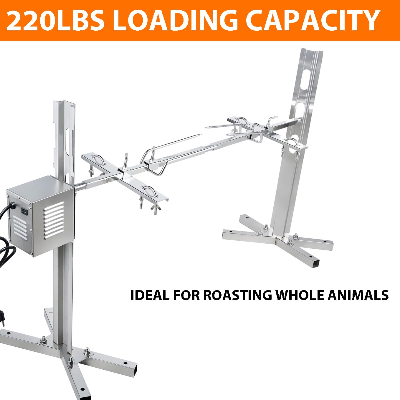 iMeshbean 220lbs Rotisserie Grill Kit, Electric Pig Spit Rotisserie Grill with 45W Motor,Stainless Steel Spit Roaster Stand for Roasting Pig Lamb Turkey Chicken & Whole Animals,Height Adjustable