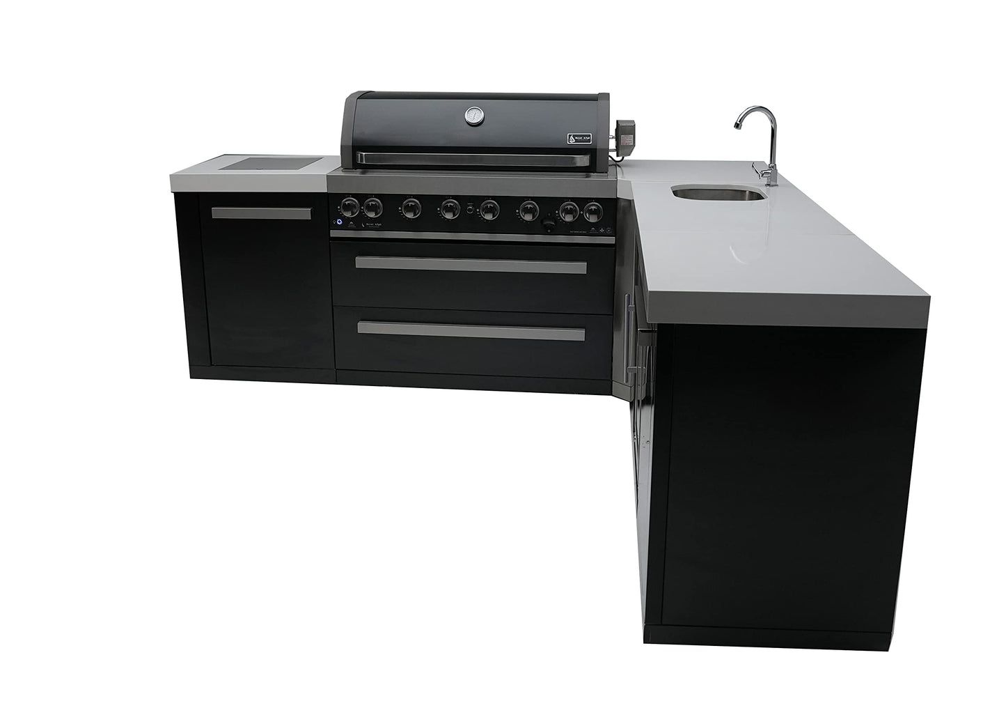 Mont Alpi MAi805-BSS90BEV Burner 115000 BTU L-Shaped 90 Degree Corner Black Stainless Steel Gas Modular Outdoor Kitchen Island BBQ Grill with Beverage Center Refrigerator + 2 Infrared Burners +Storage