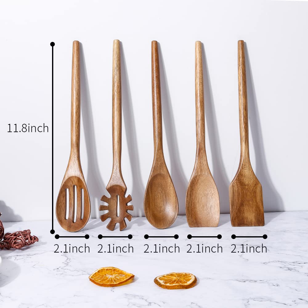 Exquisite Wooden Cooking Utensils For Kitchen, Set Of 5, 12 Inch Acacia Wood Kitchenware Tool Set, Cooking Gadgets Includes Spoon, Spoon Spatula, Spaghetti Spoon, Slotted Spoon, Shovel