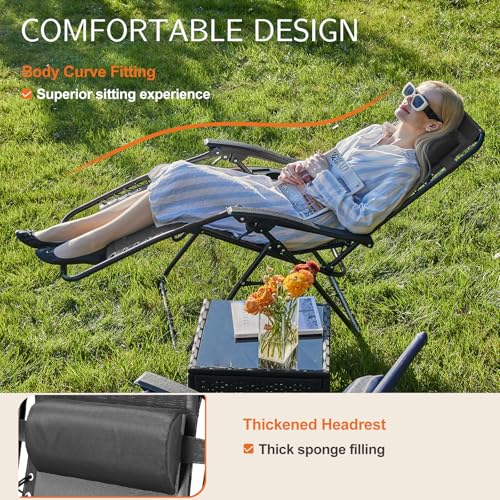 Sweetcrispy Zero Gravity Chairs Set of 2, Outdoor Folding Patio Lounge Chair with Cup Holder Tray, Portable Beach Camping Recliner for Poolside, Garden, Backyard, Lawn, Solid Black