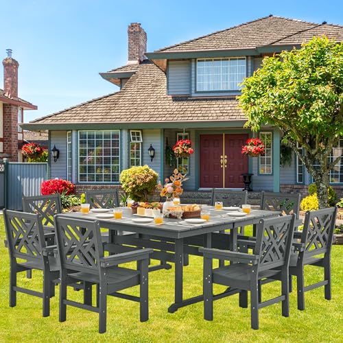 AZXZCS HDPE Outdoor Dining Set,10-Piece Outdoor Table and Chairs Include 8 Dining Chairs and 2 Pcs 62.5" Patio Dining Table with Umbrella Hole (Gray)