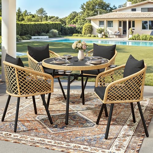 YITAHOME Outdoor Dining Set with Umbralle Hole, 5pcs Rattan Patio Dining Set for 4 with Cup Holders Soft Cushions and Glass Top Dining Table for Patio, Backyard, Garden, Bacony, Light Brown & Black